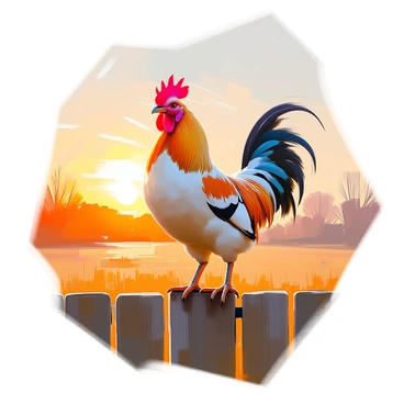 A proud rooster with vibrant red feathers and a strikingly bright yellow beak is standing confidently atop a weathered wooden fence. The sun is just beginning to rise on the horizon, casting a warm golden light that illuminates the rooster and creates soft shadows on the fence. The rooster's wings are slightly spread, showcasing its plumage, while its head is held high, exuding an air of authority. In the background, there are hints of a rural landscape with silhouettes of distant trees and fields, adding depth to the scene.