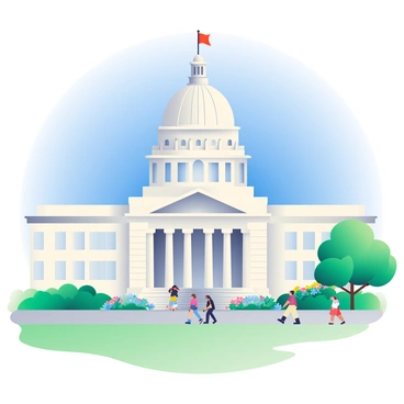 An iconic state capitol building with a large dome and intricate architectural details is prominently displayed. The building has white stone walls and tall columns at the entrance. A flag is waving atop the dome. In the foreground, there are well-maintained green lawns and flower beds bursting with colorful blooms. The sky above is clear and bright blue, providing a striking contrast to the structure. Several people are walking along a path nearby, admiring the architecture.