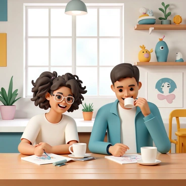 Two illustrators sitting at a wooden table in a lively cafe, both smiling as they enjoy their coffee. One illustrator, a woman with curly hair wearing glasses, has a sketchbook open in front of her, and she is holding a pencil. The other illustrator, a man with short hair, is taking a sip from a coffee cup. Around them, the cafe is filled with vibrant art-themed decor, including colorful paintings on the walls, quirky sculptures on the shelves, and potted plants adding a touch of greenery. Sunlight streams through large windows, illuminating the bustling atmosphere of the cafe.