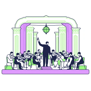 A grand classical orchestra is performing on a stage in an elegantly designed concert hall. The orchestra consists of musicians playing various instruments, including violins, cellos, and woodwinds. Each musician is dressed in formal black attire. The conductor stands at the front, guiding the orchestra with a baton raised high. The concert hall features ornate architectural details, with high ceilings adorned with decorative moldings and large chandeliers hanging above. Rows of plush seats are filled with an attentive audience, some leaning forward in anticipation of the performance. The atmosphere is filled with a sense of sophistication and artistry.