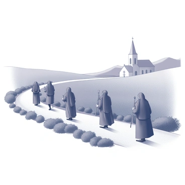A group of several pilgrims walking along a winding dirt path. The path is surrounded by low shrubs and small trees. In the background, a distant church with a tall steeple is visible, partially obscured by hills. The pilgrims are dressed in simple, traditional clothing, some carrying walking staffs and satchels. The scene conveys a sense of purpose as they make their way toward the church.