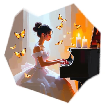 A Victorian pianist with dark hair styled in an elegant updo, dressed in a flowing, elaborate gown, is seated at a grand piano. She has a focused expression as her fingers gracefully glide over the keys, producing music in the dimly lit room. Soft candlelight illuminates the scene, casting delicate shadows around her. Surrounding the piano, several translucent moths flutter and dance in the air, their wings illuminated by the warm glow. The atmosphere is filled with a sense of harmony, as the pianist and the moths coexist in this enchanting moment.
