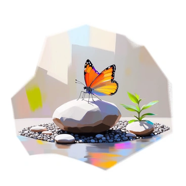A "schmetterling" with vibrant, multicolored wings gently landing on a smooth, textured rock in a "peaceful zen garden." The garden features meticulously raked gravel creating symmetrical patterns around the rock. Small green plants and delicate stones are scattered throughout, enhancing the tranquility of the scene. Soft sunlight casts gentle shadows, highlighting the intricate details of the butterfly’s wings as it settles on the rock, surrounded by the serene environment.
