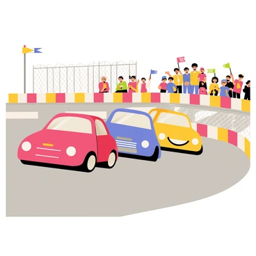A classic racetrack featuring a smooth asphalt surface with vibrant checkered flags lining the sides. Three cartoon-style cars, each in bright colors—red, blue, and yellow—are racing closely together. The red car has a pair of oversized headlights and a determined expression, while the blue car has a sporty design with racing stripes. The yellow car has a smiling face on its front bumper. In the background, a diverse group of cheering spectators is watching from grandstands, waving colorful banners and flags, adding to the lively atmosphere of the race.