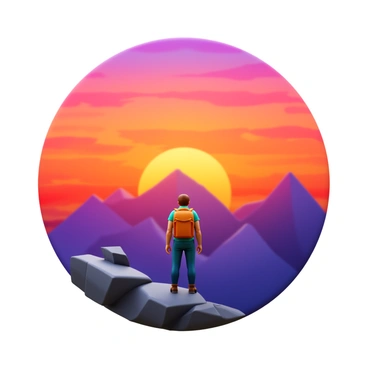 A lone traveler standing on a rocky outcrop, gazing towards a vibrant sunset. The sky is filled with multiple shades of orange, pink, and purple, blending seamlessly together. The silhouette of a rugged mountain range is visible in the foreground, with the sun dipping below the peaks. The traveler is wearing a backpack and has a contemplative expression, facing the stunning landscape. The scene captures the natural beauty of the sunset and the majesty of the mountains.