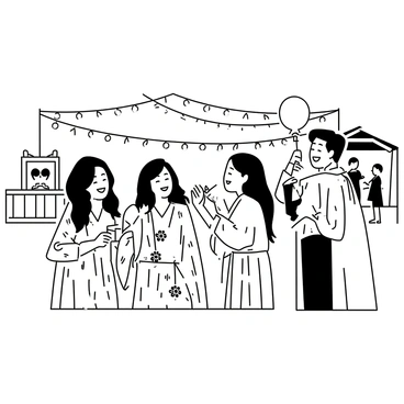 A group of friends is gathered at a local cultural festival, smiling and laughing together. They are dressed in a variety of traditional outfits, showcasing intricate patterns and designs. One friend is holding a colorful balloon while another is eating a snack from a food stall. The background features decorative banners and strings of lights, creating a festive atmosphere. A small stage with performers can be seen in the distance, adding to the vibrant energy of the event.