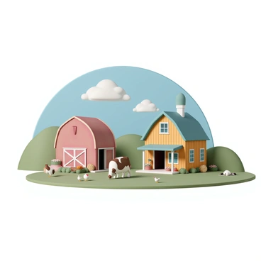 A charming farmhouse, featuring a rustic wooden exterior, is set against a backdrop of rolling green hills. The farmhouse has a welcoming porch with a few potted flowers. Next to the farmhouse, a red barn stands with its doors slightly ajar, revealing some hay bales inside. In front of the barn, a few farm animals are scattered: a brown and white cow grazing on grass, a couple of chickens pecking at the ground, and a playful dog lying in the sun. The sky is bright blue with a few fluffy white clouds, adding to the serene atmosphere of the pastoral setting. The entire scene is depicted on a one-eighth illustration board.