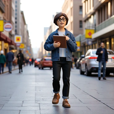 A busy street scene filled with people and various storefronts. On the right side, a person with short brown hair and glasses, wearing a blue jacket and black jeans, is walking briskly while holding a brown ledger with one hand. The ledger is open, and they are quickly jotting down notes with a pencil held in the other hand. In the background, cars are passing by, and pedestrians are engaged in conversation, creating a lively urban atmosphere. Bright store signs and colorful awnings add to the vibrancy of the scene.