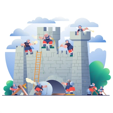 A large fortress with high stone walls is the central focus of the scene. Several soldiers wearing dark armor are in the foreground, actively scaling the walls with ropes and ladders. Some are gripping swords, while others are throwing grappling hooks to secure their ascent. To the side, catapults are launching massive stone projectiles towards the fortress, creating a cloud of dust and debris upon impact. In the background, a dense forest provides cover for more soldiers preparing to join the siege. The sky is filled with dark clouds, suggesting an impending storm, which adds intensity to the dramatic atmosphere of the siege.