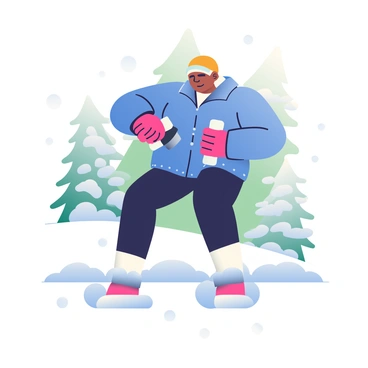 A person with dark skin is performing lateral raises in a snowy environment. They are wearing a thick, insulated blue jacket, black thermal leggings, and bright red gloves. The snow is gently falling around them, blanketing the ground in a layer of white. In the background, snow-covered trees are visible, their branches heavy with snow. The person's determined expression indicates focus and strength as they lift two small weights. Their feet are firmly planted in the soft snow, creating slight impressions as they move.