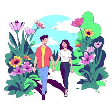 A couple is walking hand-in-hand through a vibrant botanical garden filled with "digital art flowers" in various shapes and sizes. The flowers display intricate patterns and bright colors, creating a striking contrast against the lush greenery. The couple, dressed casually, appears to be enjoying their surroundings, with smiles on their faces. In the background, there are more fantastical flowers, some floating slightly above the ground, adding a whimsical touch to the scene. The sunlight filters through the leaves, casting playful shadows on the path they are walking along.