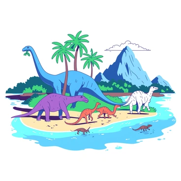 A vibrant island is filled with various species of dinosaurs, each displaying distinct features and colors. In the foreground, a large blue Brachiosaurus is reaching up to eat leaves from tall, green trees. Nearby, a playful group of orange Velociraptors is running along the sandy shore, leaving small footprints in the soft sand. To the side, a massive white Triceratops grazes peacefully on grass. The island is surrounded by crystal clear waters that reflect the bright sun, creating a sparkling effect. In the background, lush greenery and towering cliffs rise majestically, completing the scene of this dinosaur paradise.