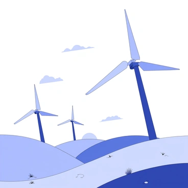 A field of wind turbines stands tall against the horizon as the sun begins to rise. The turbines feature long, wide blades that are slowly rotating, and their tall towers are anchored firmly to the ground. The background shows a gradient of light transitioning from dark to soft illumination, creating a serene atmosphere. The sky above the turbines is expansive, filled with wispy clouds that catch the first light of dawn. The surrounding landscape includes gentle rolling hills and patches of grass that softly ripple in the morning breeze.