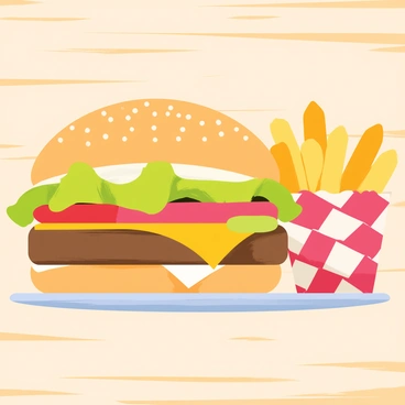 A gourmet burger featuring a thick, juicy beef patty topped with melted cheddar cheese, crisp lettuce, ripe tomato slices, and pickles. The burger is nestled between a toasted sesame seed bun, with a dollop of creamy mayonnaise spilling from the sides. Next to the burger, there is a serving of golden, crispy french fries, perfectly shaped and lightly salted, arranged in a small, red-checkered paper container. The background includes a wooden table surface, enhancing the appetizing presentation of the meal.