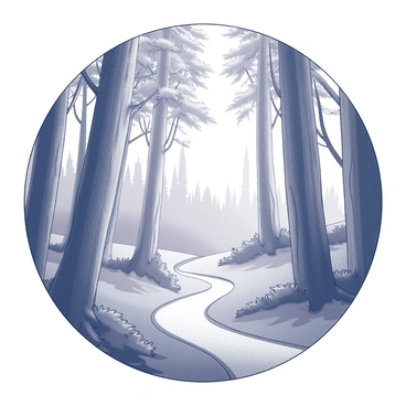 A simple round frame encircles a forest scene. The forest path is clearly visible, winding its way through tall trees that dominate the composition. The trees are depicted with intricate bark textures and an assortment of leaves, which are portrayed in varying forms and sizes. The path appears well-trodden, suggesting frequent use, and is lined with patches of underbrush. In the background, the trunks of more trees recede into the distance, emphasizing the depth of the forest. The scene captures a sense of solitude and natural beauty.