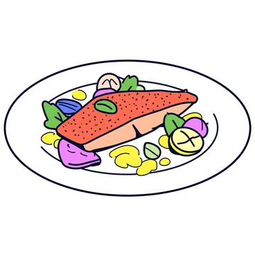 A gourmet plate featuring a red snapper fillet that is elegantly arranged. The fish is seasoned and cooked to a golden-brown perfection. Surrounding the snapper is a vibrant array of garnishes, including fresh herbs and thinly sliced vegetables. A drizzle of bright citrus sauce adds a glossy finish to the dish. The plate is white, which contrasts beautifully with the colors of the dish.