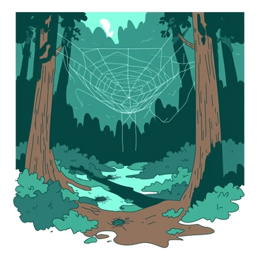 A teal complex web trap is intricately woven between the trunks of tall trees in a dense forest. The web shines under the filtered sunlight that breaks through the thick canopy above. Surrounding the trap, the forest floor is covered in a mix of brown leaves and green moss, creating a natural backdrop. In the foreground, a few curious insects are caught in the web, showcasing the trap's functionality. The trees in the background are tall and sturdy with deep brown bark, enhancing the sense of a wild, untouched environment.