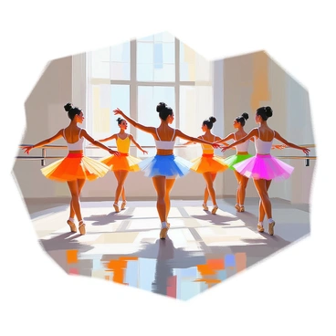 A group of dancers rehearsing a routine in a mirrored dance studio. The studio is spacious, with polished wooden floors and large mirrors lining the walls. Five dancers of diverse backgrounds are positioned in various dance poses. They are wearing colorful dance outfits that complement their movements. One dancer is in the center, demonstrating a complex step, while the others mirror her actions. Soft natural light streams in through large windows, illuminating the studio and highlighting the focused expressions on the dancers' faces.