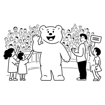 A playful team mascot, dressed in a large, fluffy costume resembling a bear, is standing in the middle of a bustling crowd during a game. The mascot has a wide, cheerful smile and is waving its oversized paw enthusiastically at the spectators. Children in the crowd are laughing and reaching out to high-five the mascot. Some fans are holding up signs and wearing team jerseys. The background shows rows of excited fans seated in bleachers, with a field visible where the game is being played.