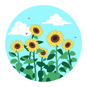 A field of tall yellow sunflowers swaying gently in a light blue breeze. Each sunflower stands proudly, with large circular heads turned towards the sun. The sunflower leaves are a rich green, and the sky above is bright with fluffy white clouds scattered across it. The sunflowers are varying in height, creating a sense of depth in the field. Some bees can be seen fluttering around, adding life to the scene.