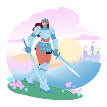 A brave heroine in ornate armor is standing on a hilltop with the sun setting in the background. The armor is intricately designed with detailed engravings and embellishments, shimmering in the light. She is holding a sword firmly in one hand, pointed slightly downward, while her other hand rests on her hip. The hilltop is adorned with wildflowers, adding bursts of color to the grassy landscape. In the distance, a sprawling kingdom can be seen, with tall towers and flags waving gently in the breeze. The sky is filled with gradient pastel colors, transitioning from soft pinks to warm oranges and purples.