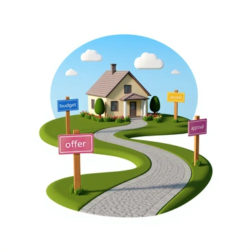 A winding path made of cobblestones leads towards a quaint house with a sloped roof and a welcoming porch. The house is painted in soft pastel colors, surrounded by a well-kept garden filled with colorful flowers. Along the path, there are several road signs, each standing on a wooden post. One sign is labeled "budget," another sign is marked "offer," and the final sign reads "approval." The signs are designed with clear fonts and vibrant colors, providing a sense of guidance along the path. The scene is set under a clear blue sky with a few fluffy clouds scattered throughout.