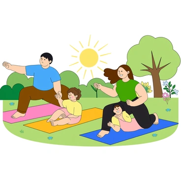 A family of four is practicing the cat-cow stretch together in their backyard. The family consists of two adults and two children. The adults are a man with short black hair wearing a blue t-shirt and a woman with long brown hair wearing a green tank top. The children are a boy with curly hair wearing a yellow t-shirt and a girl with braids wearing a pink dress. They are smiling and positioned on colorful yoga mats that are laid out on the grass. The sun is shining brightly, casting soft shadows on the ground. There are a few trees and flowers in the background, adding vibrant colors to the scene.
