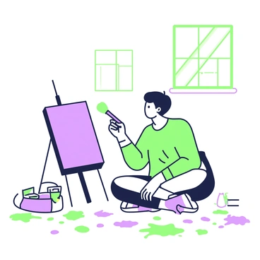 An artist is sitting at an easel, holding a brush in their right hand. The artist has a focused expression, lost in thought about their next masterpiece. The easel displays a blank canvas, ready for inspiration. Surrounding the artist are splatters of paint in various sizes, creating an abstract pattern on the floor. On one side, there is a palette with several colors and a few paint tubes scattered near it. Sunlight streams in from a nearby window, illuminating the scene and casting shadows on the paint-splattered surface.