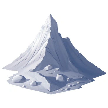 A large mountain rises prominently against the horizon. Its peak is sharply defined and appears to be composed of intricate protein structures, resembling molecular chains and formations. The slopes of the mountain are rugged and steep, with various textures of rock and crevices that add depth. Surrounding the base of the mountain, there are scattered boulders and patches of earth. The scene captures a sense of grandeur and complexity, showcasing the unique details of the mountain’s peak.