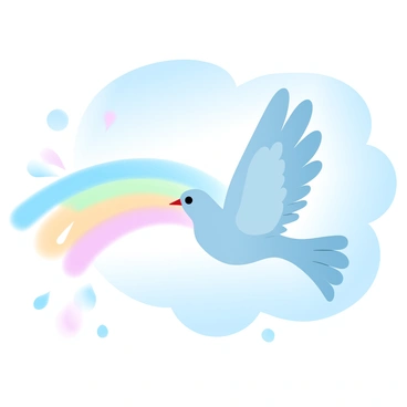 A badminton birdie is soaring through a clear blue sky. The birdie is depicted with vibrant colors and detailed feathering. As it flies, it leaves a trailing rainbow of colors behind it, creating a vivid arc in the air. The background features a bright, cloudless sky that enhances the colors of the rainbow trail, adding depth to the scene.