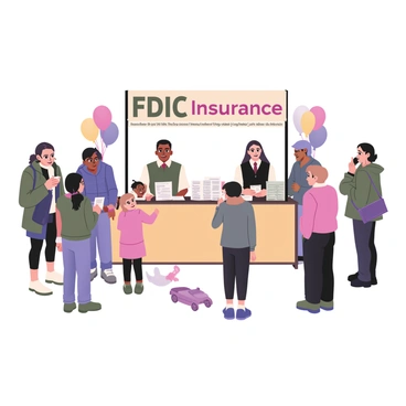 A digital flat illustration depicting a community event scene. In the center, there is a brightly colored booth with a large sign that reads "FDIC Insurance" in bold letters. The booth is staffed by a friendly representative wearing a professional outfit, who is engaging with attendees. There are brochures about FDIC insurance stacked neatly on the table, along with informative flyers. Surrounding the booth, a diverse group of people of various ages and ethnicities are gathered, some reading the materials while others are asking questions. A banner with community event details hangs above the booth, and there are decorations such as balloons and streamers adding vibrancy to the scene. A few children are playing nearby, enhancing the lively atmosphere of the event.