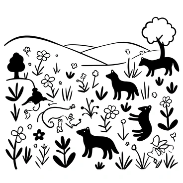 A medieval meadow filled with various wildflowers. Several wolves are resting peacefully among the blooms, positioned throughout the scene. The meadow has rolling hills in the background, and there's a gentle breeze indicated by the slight movement of the flowers. A few trees are scattered at the edges, providing shade and depth to the landscape.