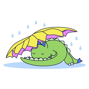 A small dragon with shimmering green scales is curled up, sleeping peacefully beneath a large, broad leaf. The leaf has vibrant veins and is positioned to provide shelter from the gentle rain falling in soft droplets around it. The dragon's closed eyes are relaxed, and its tiny wings are tucked snugly against its body. The ground is slightly damp, and a few raindrops are splattering against the leaf and the dragon's back. The scene conveys a tranquil atmosphere with the soft, muted colors of the rain-soaked environment.