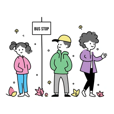 A group of three children standing at a rural school bus stop, wearing colorful jackets. The first child, a girl with pigtails, is wearing a red jacket and blue jeans. The second child, a boy with a yellow cap, is in a green hoodie and grey pants. The third child, a girl with curly hair, is dressed in a purple coat and black leggings. They are surrounded by a variety of autumn leaves on the ground, with vibrant shades of red, orange, and yellow scattered around them. A wooden bus stop sign stands nearby, indicating the route.