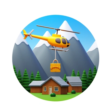 A KMAX helicopter in vibrant yellow color hovering over a remote mountain village. The helicopter is equipped with two large rotors and visible supply crates dangling from a harness underneath. The village below features small wooden houses with slanted roofs nestled among green pine trees and rugged mountain terrain. Snow-capped peaks loom in the background, contrasting with the deep blue sky. The scene captures the action of the helicopter as it prepares to drop off the supplies.