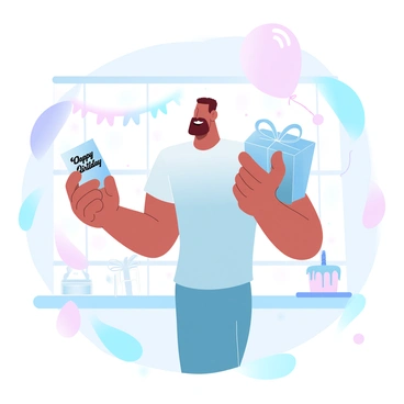 A person realizing they forgot a birthday, holding a belated card and gift