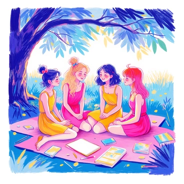 A group of four young girls is sitting together on a blanket spread out on the grass under a large oak tree. Each girl has a distinct appearance: one has curly brown hair tied in pigtails, another has straight black hair with colorful clips, the third has wavy blonde hair cascading down her shoulders, and the fourth has short, spiky red hair. They are all wearing brightly colored summer dresses. The girls are laughing and animatedly sharing their dreams and ambitions with bright smiles on their faces. Surrounding them are scattered drawings and notebooks, and the sun filters through the leaves, creating a dappled light effect around them.