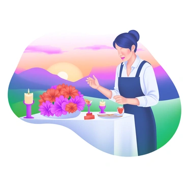 An event planner arranging a romantic outdoor dinner setting. There is a beautifully decorated table with a white tablecloth, adorned with an array of vibrant flowers in shades of pink and red. Elegant candles flicker softly in holders placed along the table. In the background, a stunning sunset casts warm hues of orange and purple across the sky, creating a picturesque backdrop. The planner is meticulously placing the final touches, ensuring everything is perfect for an intimate evening.