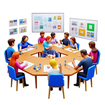 A well-lit workshop room at an illustration agency filled with attendees actively sketching ideas. Several tables are scattered throughout the space, each covered with sketchpads, pencils, and markers. A diverse group of individuals, including men and women of varying ages, are focused on their drawings. Some are collaborating in small groups, discussing their concepts with enthusiasm. On the walls, examples of illustrations serve as inspiration, with colorful artwork displayed prominently. A whiteboard in the background showcases brainstorming notes and ideas. The atmosphere is vibrant and collaborative, reflecting creativity in action.