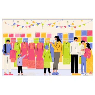 A bustling store filled with various racks displaying colorful Eid garments and fabrics. The garments include long-flowing dresses adorned with intricate patterns in vibrant shades of red, green, and gold. Shimmering fabrics in different textures are draped over the racks, showcasing a mix of silk and cotton. Shoppers, a diverse group of men, women, and children, are actively browsing, picking up items, and chatting with each other. Brightly lit displays enhance the lively atmosphere, while decorative banners and festive ornaments hang from the ceiling, celebrating the spirit of Eid.