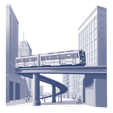 A Chicago 'L' train is seen elevated on its tracks, winding through an urban landscape. The train has distinctive features, including large windows and a streamlined body. On either side of the train, tall buildings rise, characterized by their modern architecture, with various shapes and textures. Some buildings have large glass panels reflecting the surroundings, while others are made of brick. The scene showcases a bustling city atmosphere with hints of movement, as pedestrians can be seen below, going about their day. The sky above is clear, emphasizing the contrast between the train and the surrounding structures.