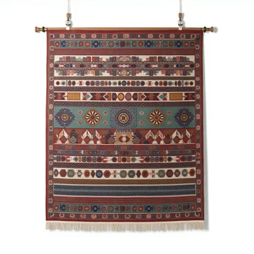 A large tapestry, composed of various fabrics from around the world, displays intricate patterns and textures. The tapestry is rich in colors, featuring deep reds, blues, greens, and golds, all interwoven in a balanced design. Different regions are represented by distinct motifs, including tribal patterns, floral designs, and geometric shapes. The edges are adorned with fringes, and the entire piece is hanging on a wooden frame, showcasing the detailed craftsmanship and cultural diversity of the materials used.