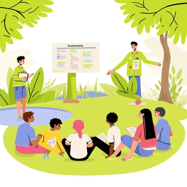 An environmentalist standing in front of a group of diverse students at a nature center. The environmentalist is wearing a green shirt and holding a clipboard, pointing towards a large poster that reads "Sustainability". The students, consisting of both boys and girls of various ethnic backgrounds, are sitting on the grass, actively listening and taking notes. The nature center is surrounded by trees and plants, with a small pond visible in the background. Sunlight filters through the leaves, casting dappled shadows on the ground.