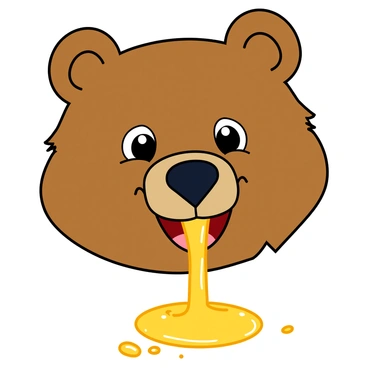 A close-up of a bear's head with fluffy brown fur and large expressive eyes. The bear has a wide, happy smile, showcasing its delight. Honey is dripping down its snout, glistening in the light, creating a shiny golden puddle at the base. The bear's ears are perked up, and its nose is slightly wet from the honey. Small droplets of honey are also splattered around its chin, emphasizing its indulgence in the sweet treat.