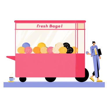 A street vendor cart with a rectangular body painted in bright red. The cart has a large transparent glass display case on top, showcasing a variety of bagels in different colors and toppings. There are plain, sesame, poppy seed, and everything bagels neatly arranged in the case. A sign on the front of the cart reads "Fresh Bagels" in bold, friendly letters. The cart is positioned on a bustling sidewalk with a few pedestrians walking by, some glancing at the enticing selection of bagels. A steaming cup of coffee is placed next to the cart, inviting customers to make a purchase.