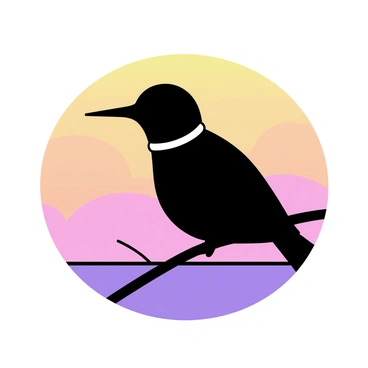 A silhouette of a "belted kingfisher" perched on a branch. The background features a "colorful sunset sky" with hues of orange, pink, and purple blending together. The bird's outline is sharp and distinct, showcasing its characteristic shape and beak. The branch extends horizontally, adding depth to the composition. The sunset colors radiate outward from the horizon, creating a vivid backdrop for the silhouette.