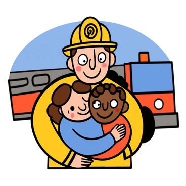 Close-up of a light-skinned firefighter with big eyes and short brown hair, wearing a firefighter's helmet and a yellow protective jacket. They are embracing a light-skinned woman with big eyes and long wavy hair, who is wearing a blue sweater. Next to them is a child with big eyes and curly hair, wearing a red shirt. The family is smiling joyfully, showing relief and happiness in their reunion. The background includes a blurred fire truck and a clear blue sky, adding context to the scene.