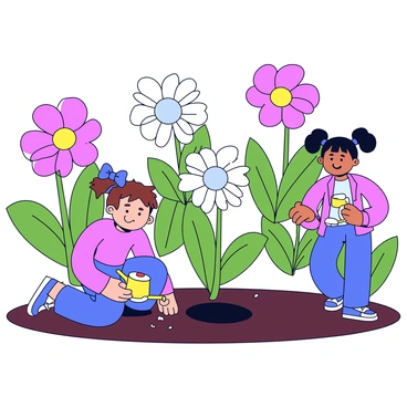 A magical garden filled with oversized flowers in vibrant colors. The flowers have large, soft petals and thick, green stems. In the garden, there are cheerful Disney-style characters with exaggerated features, such as large eyes and friendly smiles. One character is kneeling down, planting seeds in the rich, dark soil. Another character is standing nearby, watering the seeds with a small, colorful watering can. Sunlight filters through the leaves, casting playful shadows on the ground.