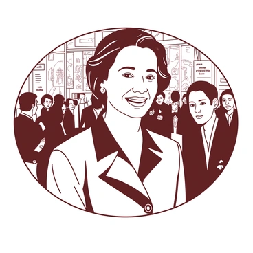 A duotone image features "Simone Veil" smiling warmly at a public event. She is wearing a classic tailored outfit with a collar, and her hair is styled elegantly. The background is filled with blurred figures, suggesting a crowd of admirers and supporters. Soft lighting highlights her face, emphasizing her joyful expression. There are decorative elements in the setting, such as banners and flowers, adding a sense of occasion to the scene.