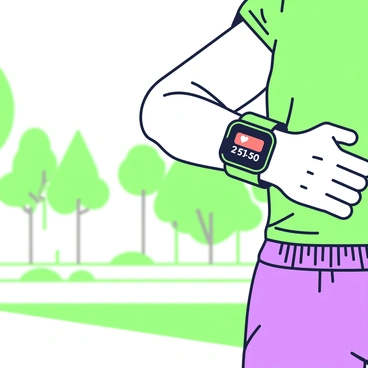 A close-up view of a jogger's wrist featuring a heart rate monitor. The monitor is sleek and fitted securely around the wrist, with a digital display showing heart rate data. The wrist is slightly sweaty, indicating the jogger is in motion. In the background, green trees and grassy areas of the park are softly blurred, suggesting an active running environment. The jogger's arm is in mid-swing, showcasing movement and vitality. The monitor's band is adjustable and has a modern design, complementing the jogger's athletic wear.